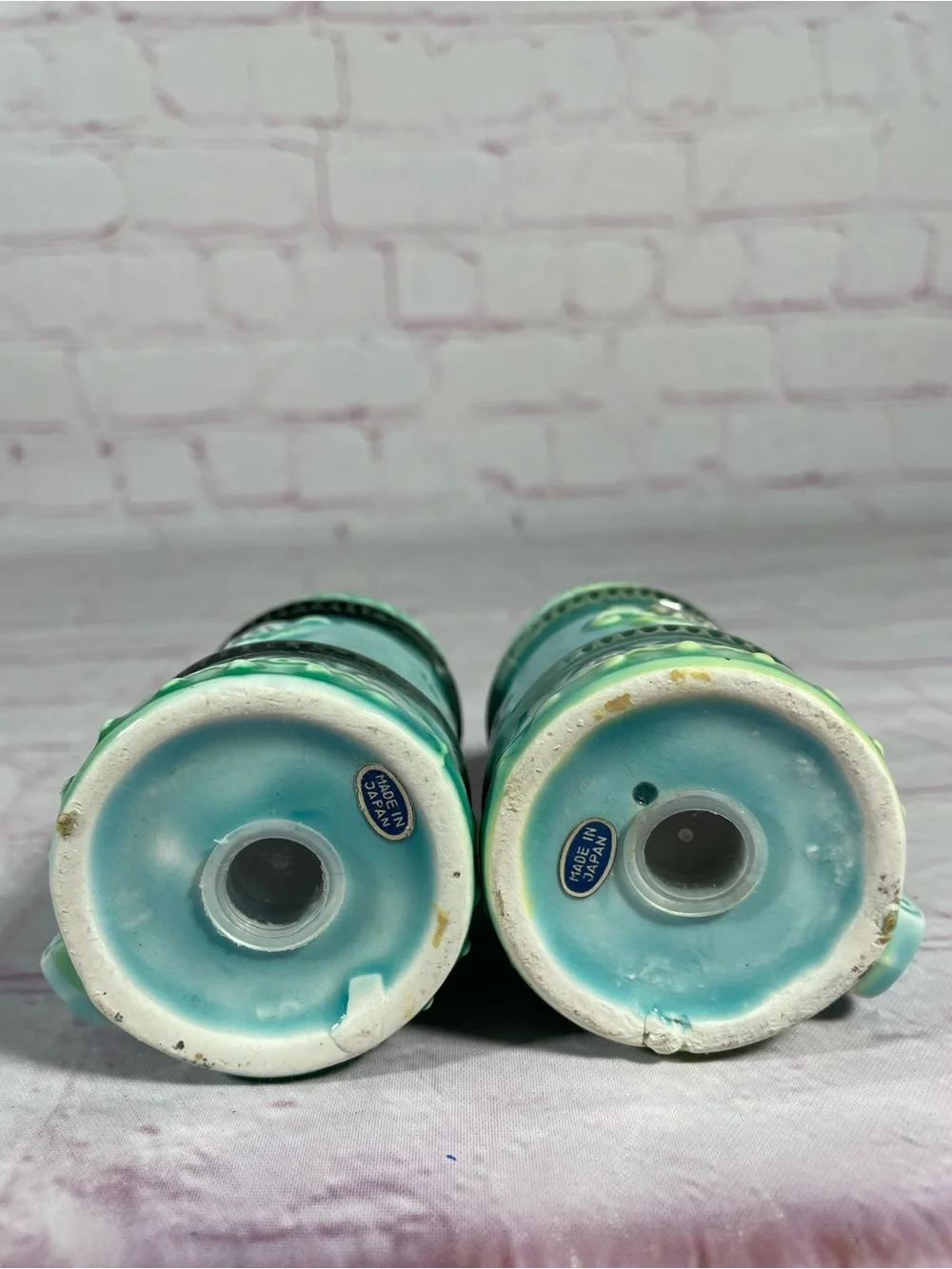 Vintage Teal Floral Ceramic Lidded Beer Stein Salt and Pepper Shaker Pair Japan